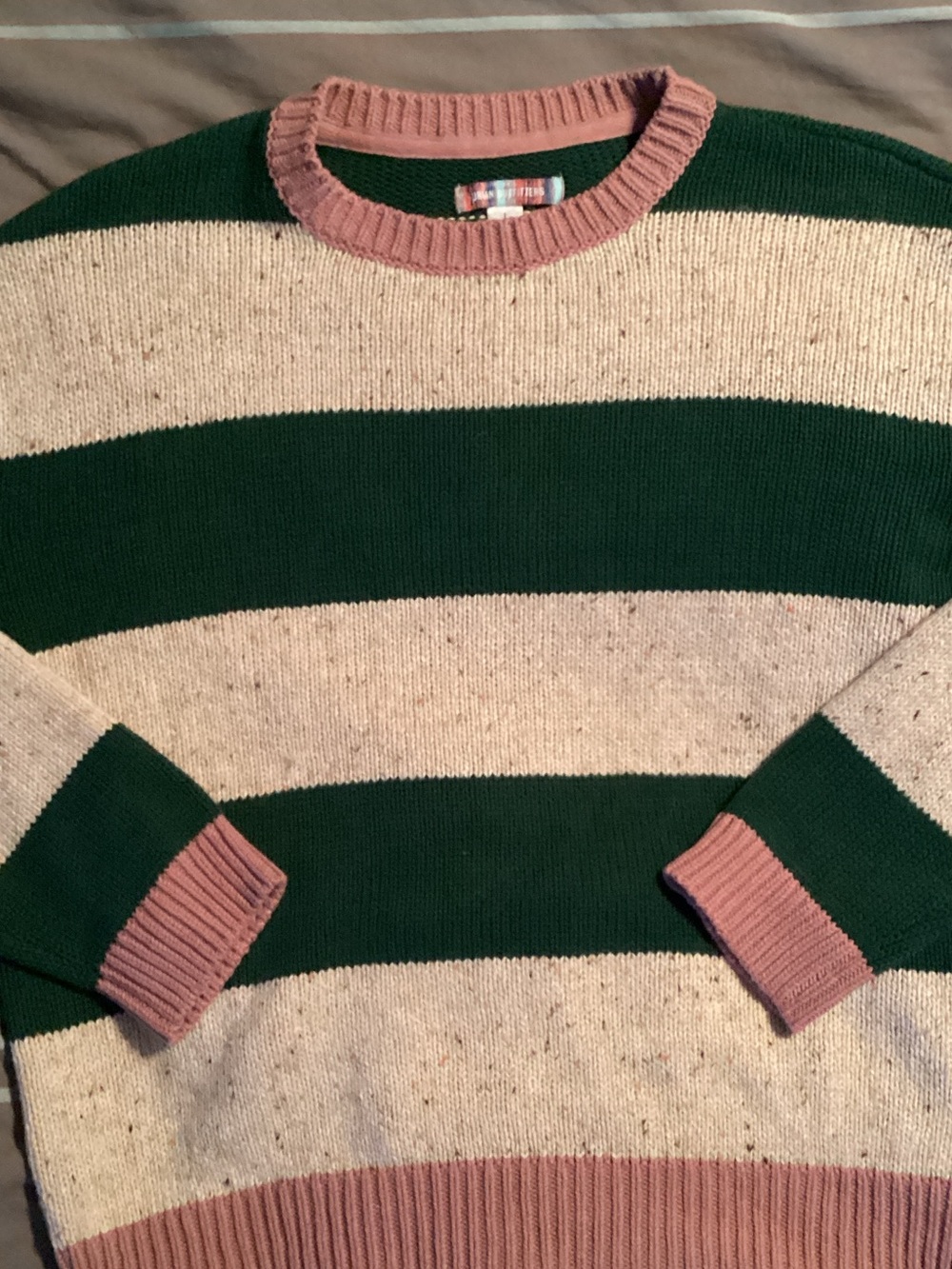 Urban Outfitters Striped Crewneck Sweater in Green, Oatmeal & Pink
